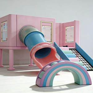 Equipo de juegos interior modular de colores pastel, todo en uno, con tobogán para niños, red de escalada, arco, casa de juegos y área de juegos suave para cafeterías, centros comerciales y guarderías. - Product Image 1