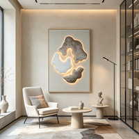 Art mural relief grès 3D personnalisé, cerf magnolia montagne dorée cascade & lumière LED pour entrée villa