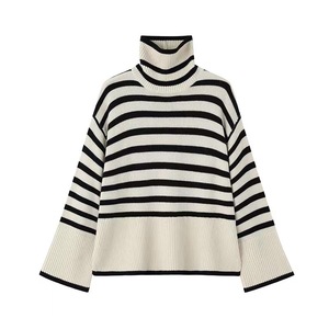 Pull à col roulé rayé pour femme, coupe ample, manches longues, tricot, style hiver - Product Image 1