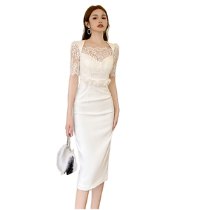 Robes midi élégantes pour femmes, tunique décontractée durable à col carré, été 2026, dentelle <span class=keywords><strong>empire</strong></span>, robe de soirée blanche haut de gamme - Product Image 6