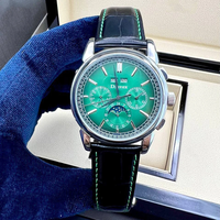 Jam Tangan Pria Sport Serbaguna Grosir Kristal Safir Tali Kulit Hijau Penunjuk Multifungsi Kalender Abadi Kronograf
