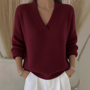 Nouveau pull en tricot à col en V ample de style européen et américain, couleur unie, mode décontractée, pull en tricot pour femmes - Product Image 2