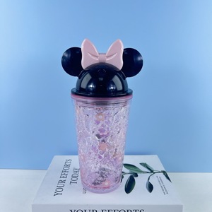 Minnie Mouse Bow Lid Double Wall Plastic Straw Cup Summer Ice Cup Cartoon Student Water Bottle - Product Image 3