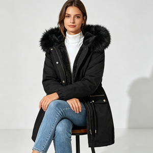 Women's Autumn Parka Coat <b>Fur</b> Trimmed <b>Hooded</b> <b>Jacket</b> Woven Fleece Lined Zipper Long Outdoor Outerwear - Product Image 3