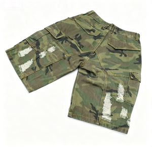 Shorts cargo camouflage pour homme, taille mi-haute, en toile déchirée, style workwear, respirant, 100% coton, fermeture boutonnée - Product Image 3