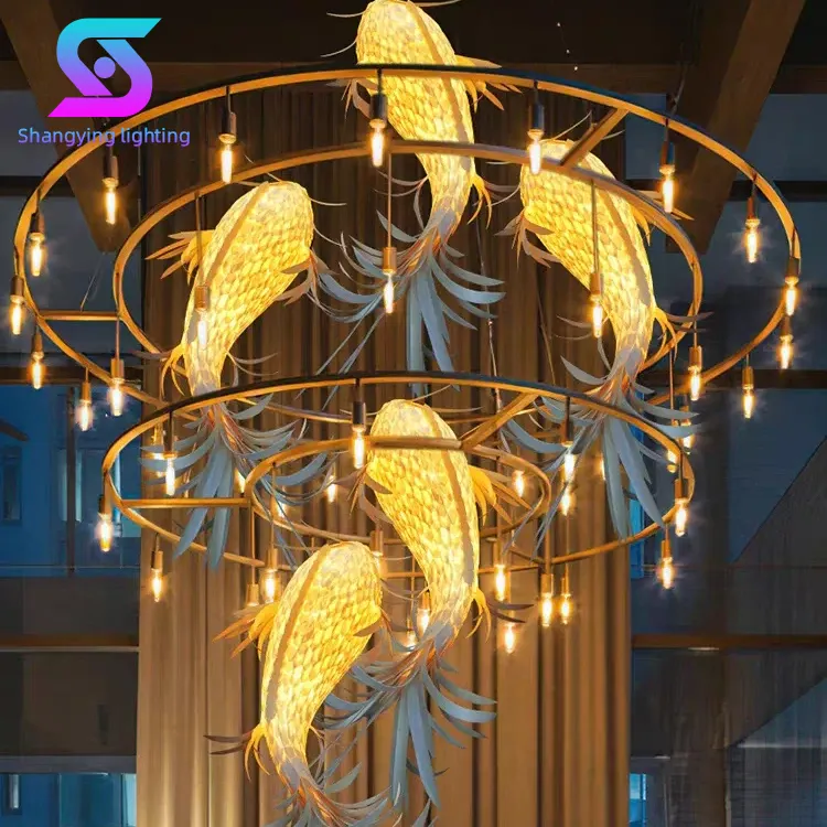 Custom Indoor Decoration LED Lighting Wooden Project Large Hotel Lobby Staircase Fish Chandelier