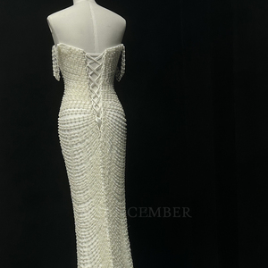 Vestido de Novia Sirena Moderno NT40 con Encaje Largo, Flores, Cristales, Apliques de Perlas de Lujo y Cuello Barco, Ajustado para Fiesta - Product Image 6