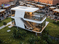 Maison capsule spatiale à deux étages de 20 pieds avec vitres panoramiques d'angle, prête à l'emploi, café de style influenceur