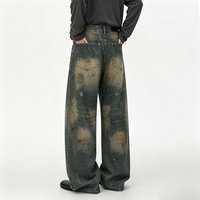 Nouveau jean large à dégradé brun foncé et bleu clair, effet éclaboussures de peinture, peint à la main, effet vieilli, coupe ample, longueur au sol en denim