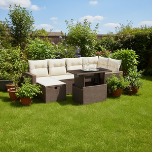 Set Divano da Giardino in Rattan Bianco Crema e Marrone con Tavolo, 6 Posti, Arredamento da Esterno dal Design Contemporaneo - Product Image 2