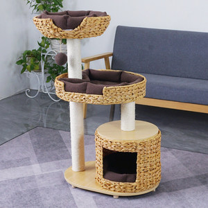 Minimalist Two <b>Level</b> Cat Tree With Woven Basket Perch And Scratching <b>Posts</b> For Indoor Cats - Product Image 5