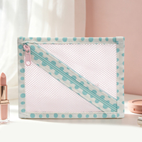 Pochette en filet avec fermeture éclair et bordure à pois pastel, fermeture éclair fluide, sac de rangement léger pour cosmétiques, câbles, écouteurs, commande en gros