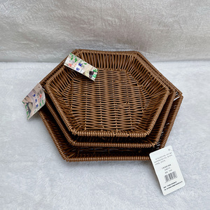 Rattan Hexagonal Snack Trays Brown Yellow Geometric Design Restaurant Serving Platters <b>Storage</b> <b>Baskets</b> Fruit Plates - Product Image 3