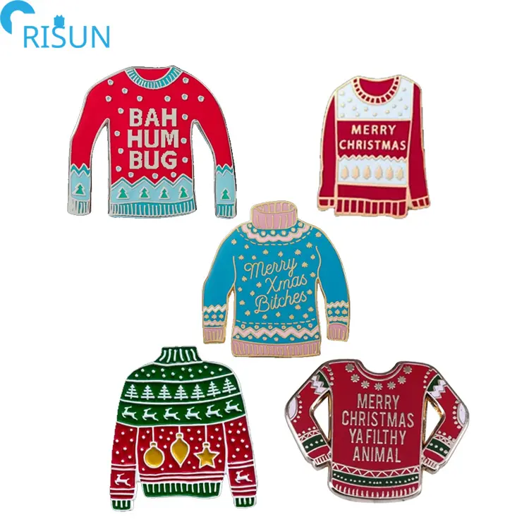 Wholesale Cute Merry Christmas Sweater Enamel Pin Custom Logo Company Clothes Bah Humbug Jumper Enamel Lapel Pin Badge Gift