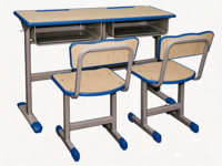 Table d'école en métal avec chaise, ensemble de mobilier scolaire moderne, plateau en bois bleu avec fente pour stylo, acier thermolaqué pour utilisation en classe