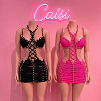 Robe mini bandage dorée à clous, sexy, ajourée, froncée, col halter, pour soirées et clubs, pour femmes