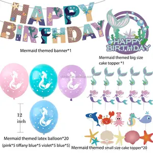 अच्छा 2022 मरमेड थीम पार्टी सजावट समुद्री पशु जन्मदिन गुब्बारा केक शीर्ष टोपी बैनर सेट पार्टी की आपूर्ति