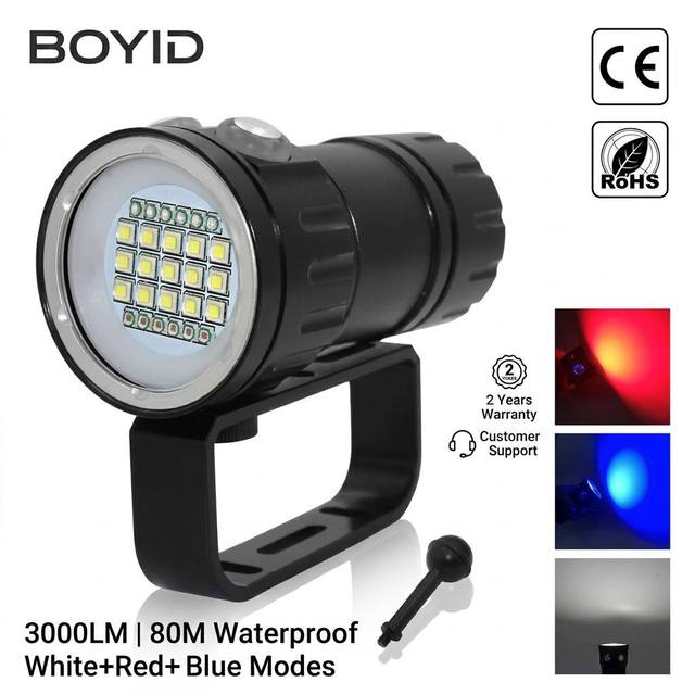 Boyid High Quality Aluminum Alloy IP68 Waterproof LED Diving Flashlight White Red Blue Lights for Underwater Scuba Cave Fishing