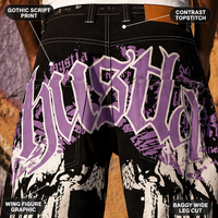 Jean baggy à jambe ultra large imprimé intégral motif aile gothique noire et violette personnalisé OEM pour homme Hip Hop Streetwear