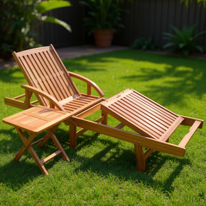 Tumbona de Madera Maciza de Acacia con Mesa, Silla Reclinable para Exteriores, Diseño Contemporáneo, Patas Cónicas, Color Marrón - Product Image 2