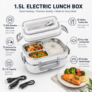 Portable Electric <b>Heated</b> <b>Lunch</b> <b>Box</b> 100W with 2 Compartments 1.6L Stainless Steel BPA Free for Adult Work School KL03009 - Product Image 2