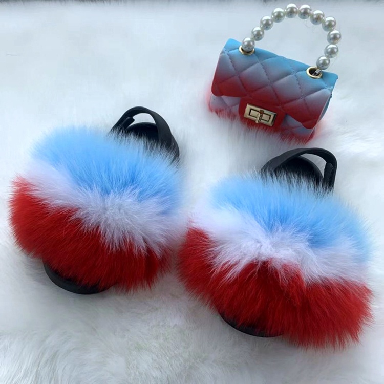 Комплект радужных туфель и сумок для девочек, пушистые тапочки из лисьего меха, меховые тапочки на плоской подошве, сланцы, с жемчужной цепочкой, детские сандалии-желе