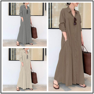 Robe chemise longue décontractée en lin et coton uni à col revers, manches longues et poches latérales pour femme - Product Image 5