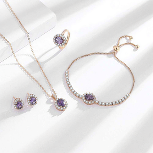 Rose Gold Plated Brass Zircon XOXO Engagement Jewelry <b>Set</b> Purple Stone Necklace <b>Earrings</b> Ring <b>Bracelet</b> for Women Wedding Party - Product Image 1