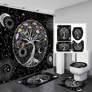 Juego de Cortinas de Ducha de 4 Piezas con Diseño de Constelaciones del Zodiaco, Estilo Hippie Boho, Fases Lunares y Sol con Brillo Celestial - Product Image 4