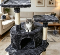Arbre à chat tout-en-un avec maison cachette, deux perchoirs, griffoir avant en sisal, plusieurs poteaux en sisal, pour le repos et le tranchage des griffes de votre animal
