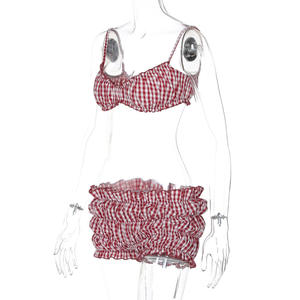 Viviblook Z1229ST01 Tenues estivales à carreaux Nouveau ensemble 2 pièces avec short à lacets et boutons, haut court à manches longues et pantalon court - Product Image 5