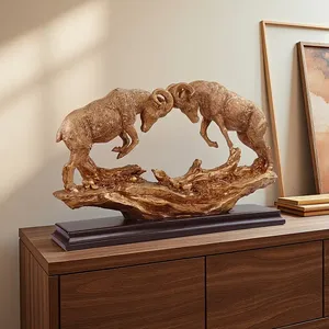 Escultura de Resina de Dos Carneros Dorados en Duelo sobre Base de Madera, Estatua de Ovejas de Cuernos Grandes en Lucha con Cuernos Entrelazados, Arte de Mesa con Temática de la Naturaleza - Product Image 3