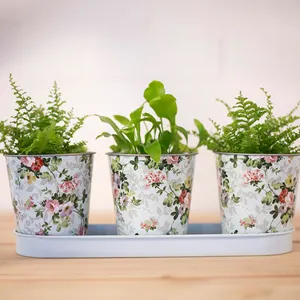 Esschert Design printed zinc galvanized flower pot planter with classical rose print