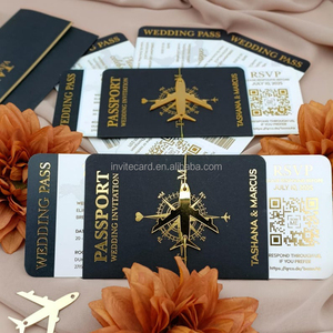Invitation de <span class=keywords><strong>mariage</strong></span> en forme de <span class=keywords><strong>passeport</strong></span> noir mat avec billet d'embarquement et avion en acrylique doré vert bordeaux, passeports pour fête d'anniversaire - Product Image 4