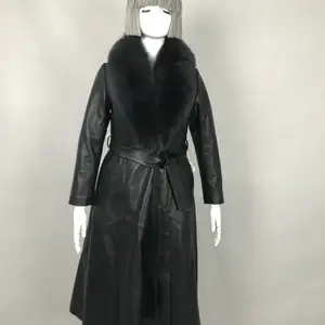 Custom Classic Long Black Leather Jacket Genuine Leather Coat Women With Fox Fur Collar