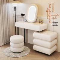 Coiffeuse en bois massif beige style crème avec plateau en pierre - Bureau de maquillage haut de gamme pour chambre à coucher avec coffre de rangement intégré
