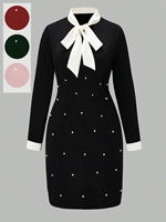 Robe fourreau midi noire pour femme, col à nœud blanc, manches 3/4, décorations de perles, élégante, pour le bureau ou les occasions formelles