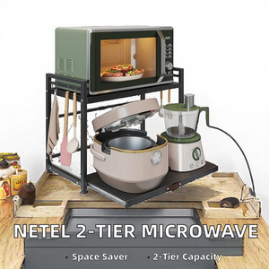 NETEL Scaffale Estensibile a 2 Livelli per Microonde, Organizzatore Salvaspazio da Cucina con 8 Ganci, Nero, Capacità 90 kg - Product Image 2