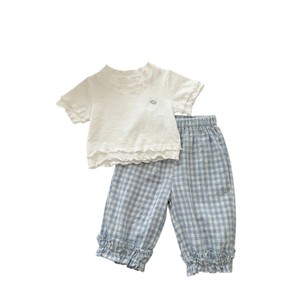 Girls Ruffled Short Sleeve T-Shirt Top Cotton Breathable Summer Korean Style Two Piece Set With Pants <b>Checkered</b> Solid Color - Product Image 5