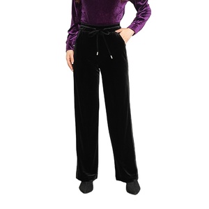 Custom <strong>Womens</strong> <strong>Black</strong> <strong>Velvet</strong> Casual Wide Leg Pants OEM ODM Elastic Waist Drawstring <strong>Trousers</strong> with Side Stripe - Product Image 1