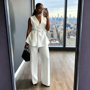 Ensemble tailleur pantalon et blazer sans manches couleur unie pour femme, style africain, idéal pour le bureau - Vente en gros - Product Image 4