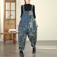 Nouvelles salopettes décontractées en jean bleu imprimé patchwork toutes saisons 2026 pour femmes, grande taille, coupe ample, entrejambe abattu, style sarouel