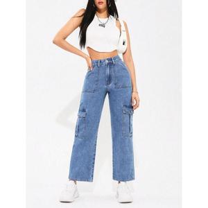Women's High Rise Light Blue Denim <b>Cargo</b> Stretch Jeans 6-Pocket Clean Look Solid Eco-Friendly Durable Plating Modern <b>Wide</b> <b>Leg</b> - Product Image 5