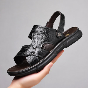 Sandales plates en cuir de vachette pleine fleur, antidérapantes, avec bande élastique, noir et marron, tailles 36-50, chaussures de plage pour hommes, pour l'été - Product Image 4