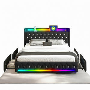 Lit de rangement intelligent moderne Queen en velours avec tête de lit rembourrée à points diamantés - Bande LED multicolore à commande par application, élévateur hydraulique dissimulé - Product Image 1
