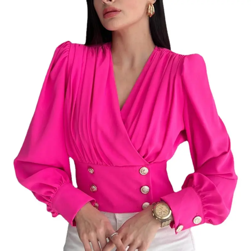 2024 Elegant Fashion Puff Sleeve Crop Top Blusas De Mujer Office Blouse Short Shirt Women Blouse V Neck Long Sleeve Summer Woven