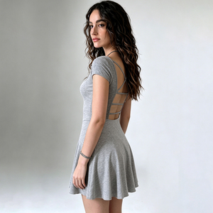 Vestido Mini Estilo Coquette al por Mayor para Mujer, Sin Espalda, Cuello Cuadrado, Línea A, Manga Corta, Mezcla de Algodón - Product Image 3
