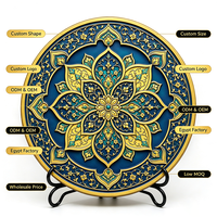 Assiette décorative en résine Mandala doré islamique, impression UV, motif floral arabesque personnalisé, ornement de bureau avec support, vente en gros OEM