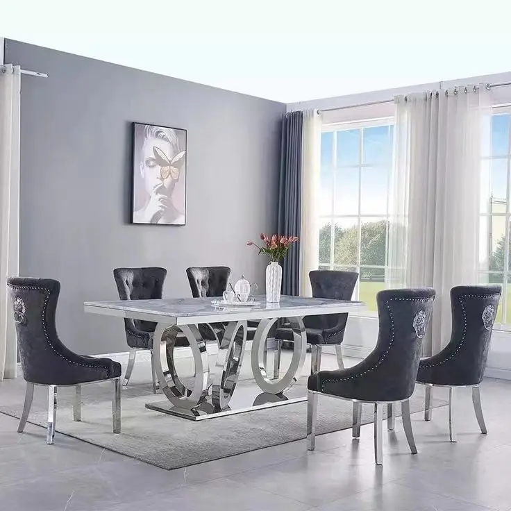 Home furniture dining table set 6 seater grey marble dining table silver stainless steel dining table set