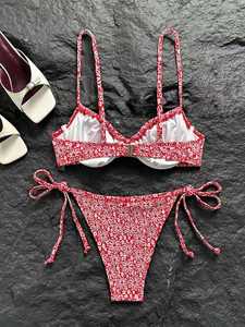 2026 European American Style <b>Small</b> Red Flower Print Two Piece <b>Bikini</b> Front Tie Side Tie Push Up Women Holiday Swimwear Wholesale - Product Image 2